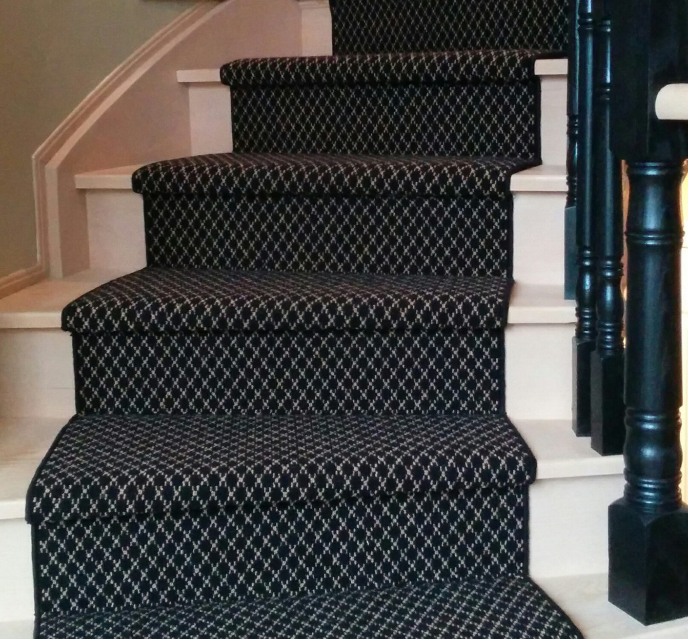 Black and White Wool Carpet Stair Runners on spiral Staircase in Toronto ideas, Wool Carpet Runner King City